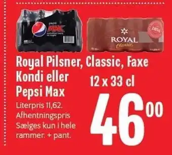 Min Købmand Royal pilsner, classic, faxe kondi el. pepsi max 12 x 33 cl tilbud