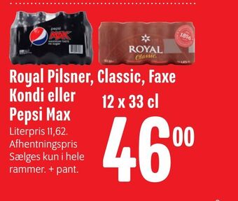 Min Købmand Royal pilsner, classic, faxe kondi eller pepsi max tilbud