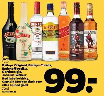 Netto Baileys original, baileys colada, smirnoff vodka, gordons gin, johnnie walker red label whisky, captain morgan dark rom el. s tilbud
