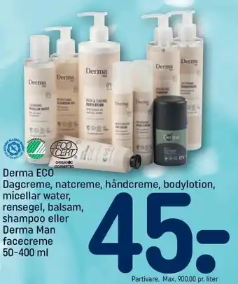 REMA 1000 Derma eco dagcreme, natcreme, håndcreme, bodylotion, micellar water, rensegel, balsam, shampoo el. derma man facecreme tilbud