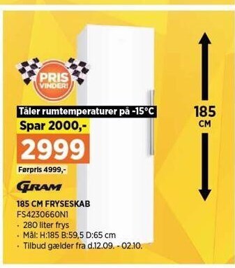 Power 185 cm fryseskab tilbud