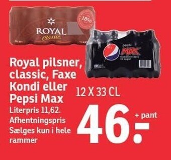 SPAR Royal pilsner, classic, faxe kondi eller pepsi max tilbud