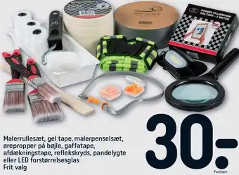 Maleudstyr, gel tape, ørepropper, gaffatape, afdækningstape, reflekskryds, pandelygte el. forstørrelsesglas