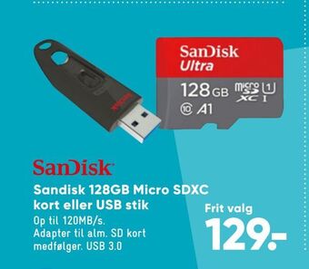 Bilka Sandisk 128gb micro sdxc kort eller usb stik tilbud
