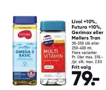 Bilka Livol +10%, futura +10%, gerimax el. møllers tran tilbud