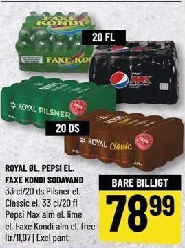 Løvbjerg Royal øl, pepsi el. faxe kondi sodavand tilbud