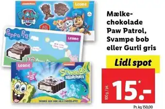 Lidl Mælkechokolade paw patrol, svampe bob el. gurli gris tilbud