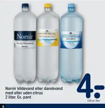 REMA 1000 Nornir kildevand eller danksvand med eller uden citrus 2 liter Ex. pant tilbud
