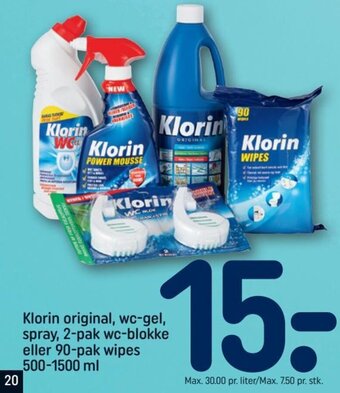 REMA 1000 Klorin original, wc-gel, spray 2-pak wc-blokke eller 90-pak wipes 500-1500 ml tilbud