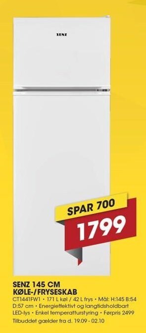 Punkt1 Senz 145 cm køle/fryseskab tilbud