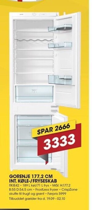 Gorenje 177,2 cm int. køle/fryseskab