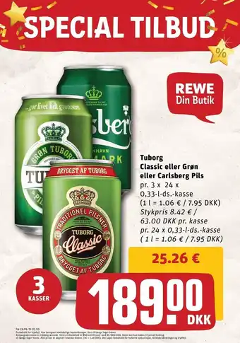 REWE DE Tuborg classic el. grøn el. carlsberg pils 3 ks tilbud