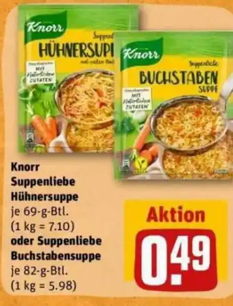 REWE DE Knorr Suppenliebe Hühnersuppe oder Suppenliebe Buchstabensuppe tilbud