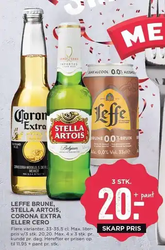 Leffe brune, stella artois, corona extra el. cero 3 stk.