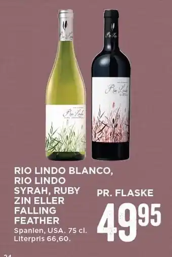MENY Rio lindo blanco, rio lindo syrah, ruby zin el. falling feather tilbud
