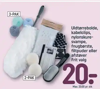Uldtørrebolde, kabelclips, nylonskure-svampe, fnugbørste flitpuder eller afstøver