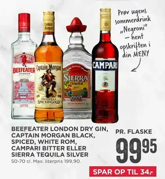 MENY Beefeater london dry gin, captain morgan black, spiced, white rom, campari bitter eller sierra tequila silver tilbud