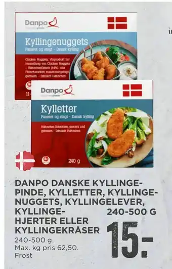 Danpo danske kyllinge- pinde, kylletter, kyllinge- nuggets, kyllingelever, kyllinge- hjerter eller kyllingekråser