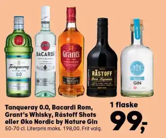 Kvickly Tanquery 0.0 Bacardi Rom, Grant's Whisky ,Råstoff Shots eller Øko Nordic by Nature Gin 50-70 cl. tilbud