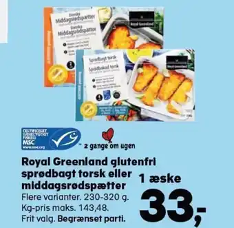 Kvickly Royal Greenland glutenfri sprødbagt torsk eller middagsrødspætter tilbud