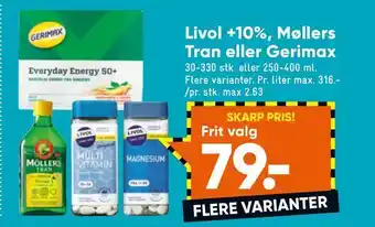Bilka Livol +10%, møllers tran eller gerimax tilbud