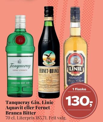 Dagli'Brugsen Tanqueray gin, linie aquavit eller fernet branca bitter tilbud