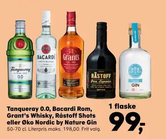 Kvickly Tanqueray 0,0, bacardi rom, grant's whisky, råstoff shots eller øko nordic by nature gin tilbud