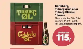 Kvickly Carlsberg Tuborg grøn eller Tuborg Classic 1 Kasse 30 x 33 cl. tilbud