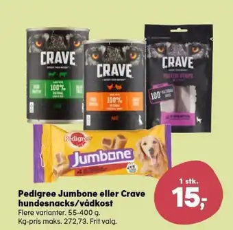 Kvickly Pedigree Jumbone eller Crave hundesnacks /vådkost tilbud