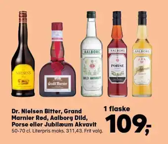 SuperBrugsen Dr. Nielsen Bitter, Grand Marnier Rød ,Aalborg Dild , Porse eller Jubilæum Akvavit 50-70 cl. tilbud