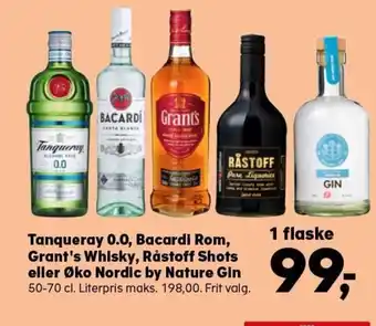 SuperBrugsen Tanquery 0.0 Bacardi Rom, Grant's Whisky ,Råstoff Shots eller Øko Nordic by Nature Gin 50-70 cl. tilbud