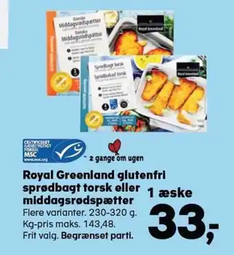 SuperBrugsen Royal Greenland glutenfri sprødbagt torsk eller middagsrødspætter tilbud