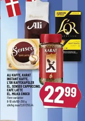 Løvbjerg Ali kaffe, karat instant kaffe, l'or kaffekapsler el. senseo cappuccino, cafe latte el. milka choco tilbud