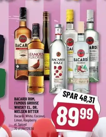 Løvbjerg Bacardi rom, famous grouse whisky el. dr. nielsen bitter tilbud