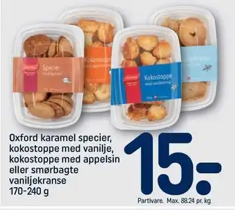 REMA 1000 Oxford karamel specier, kokostoppe med vanilje el. appelsin el, smørbagte vaniljekranse tilbud