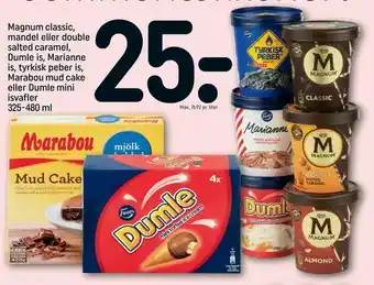 REMA 1000 Magnum classic, mandel eller double salted caramel, Dumle is, Marianne is, tyrkisk peber is, Marabou mud cake eller Dumle min tilbud