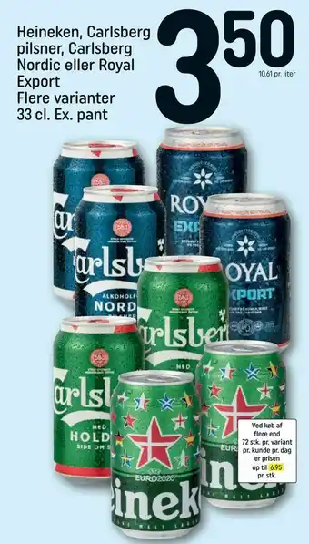 REMA 1000 Heineken, Carlsberg pilsner, Carlsberg Nordic eller Royal Export tilbud