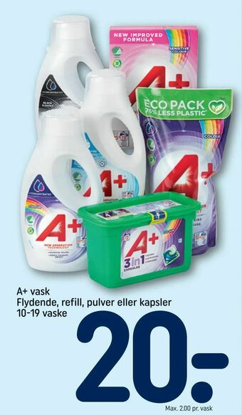 REMA 1000 A+ vask Flydende, refill, pulver eller kapsler 10-19 vaske tilbud