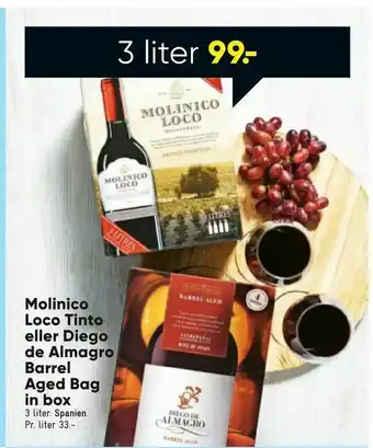 Bilka Molinico Loco Tinto eller Diego de Almagro Barrel Aged Bag in box tilbud