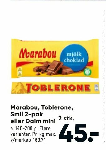Bilka Marabou, Toblerone, Smil 2-pak eller Daim mini tilbud