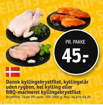 SPAR Dansk kyllingebrystfilet, kyllingelår uden rygben, hel kylling eller BBQ-marineret kyllingebrystfilet tilbud