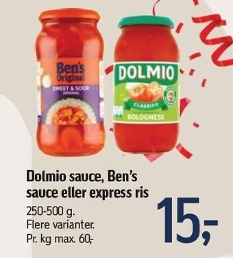 Føtex Dolmio sauce, ben's sauce el. express ris tilbud