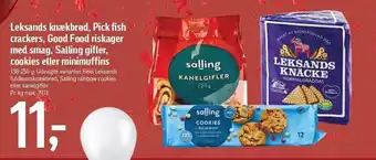 Leksands knækbrød, pick fish crackers, good food riskager med smag, salling gifler, cookies el. minimuffins
