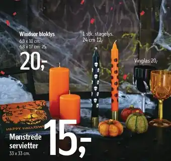 Mønstrede servietter, bloklys, stagelys el. vinglas