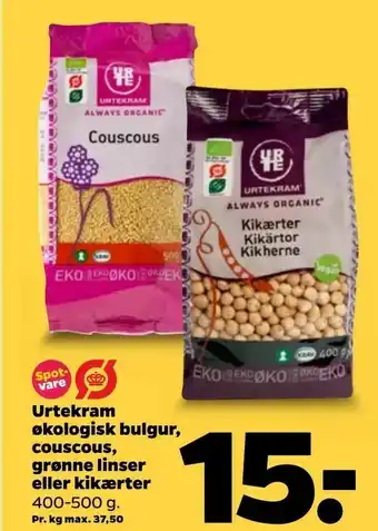 Urtekram økologisk bulgur, couscous, grønne linser eller kikærter