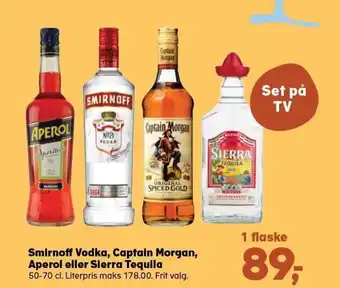 SuperBrugsen Smirnoff Vodka , Captain Morgan, Aperol eller Sierra Tequila 50-70 cl. tilbud