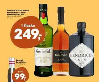 Kvickly Glenfiddich 12 års whisky, renault vsop, cognac eller hendrick's gin tilbud