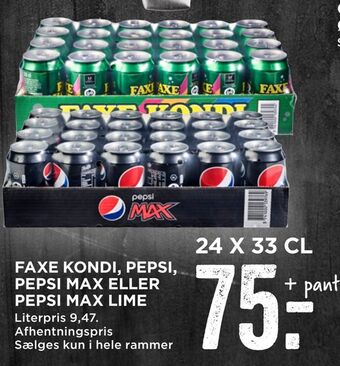 MENY Faxe kondi, pepsi, pepsi max eller pepsi max lime tilbud
