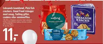 Føtex Leksands knækbrød, pick fish crackers, good food riskager med smag, salling gifler, cookies eller minimuffins tilbud