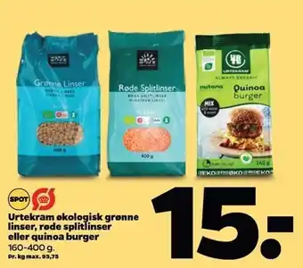 Netto Urtekram økologisk grønne linser, røde splitlinser el. quinoa burger tilbud